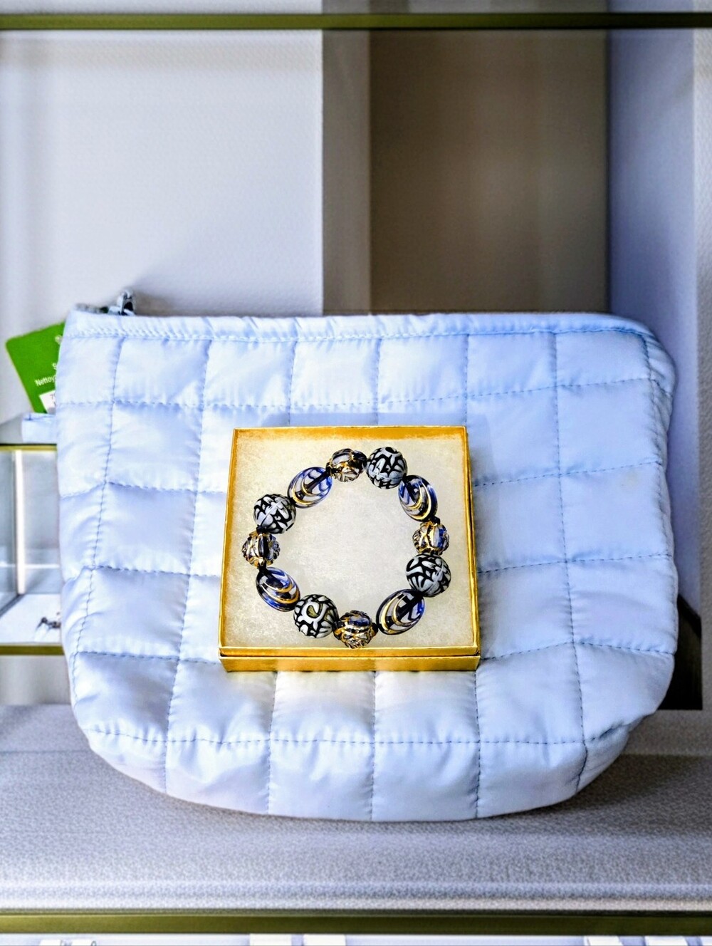 Bundle - Blue & Gold Beaded Stretch Bracelet & Ashland Blue Pouch